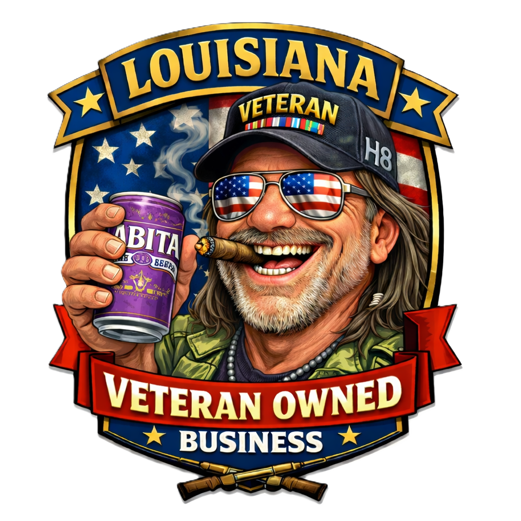 Man with sunglasses and cigar, holding drink can, wearing a Veteran hat, Louisiana flag background,