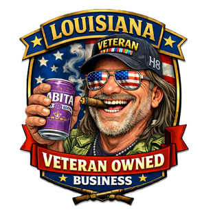 A veteran-owned business badge featuring a person wearing a veteran cap and flag sunglasses, holding an Abita beer can.
