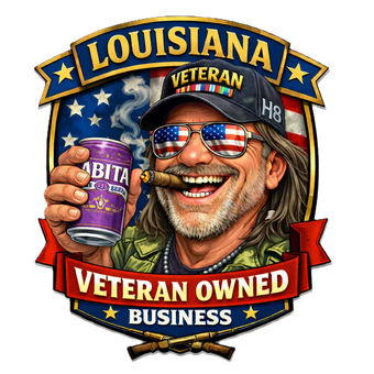 Man with sunglasses and cigar, holding drink can, wearing a Veteran hat, Louisiana flag background,