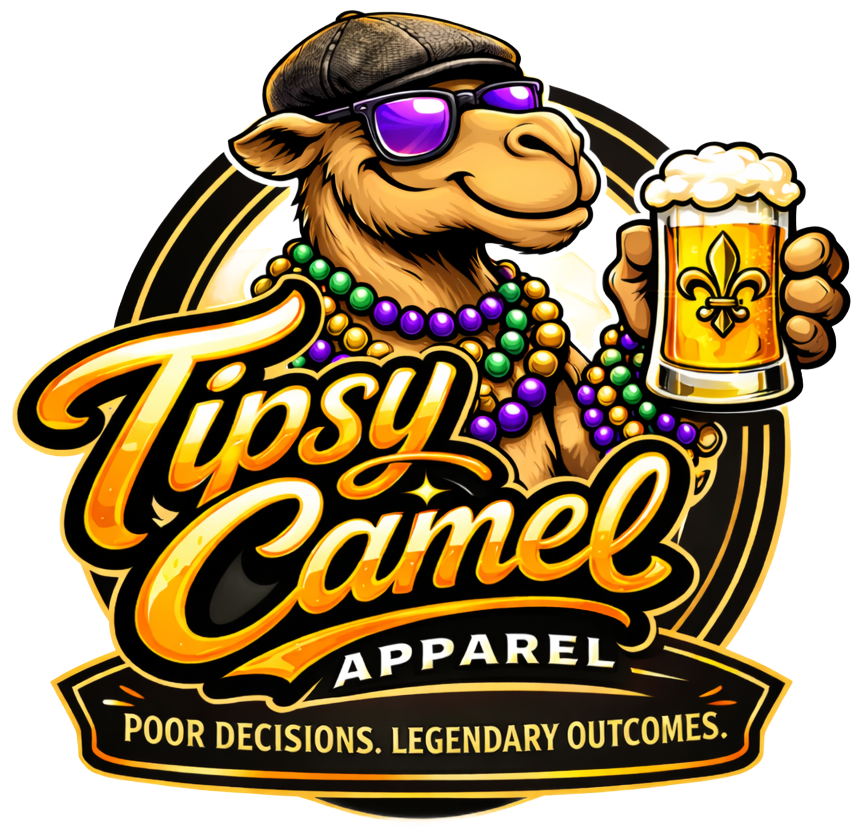 A camel wearing sunglasses and a hat holding a beer, with the text