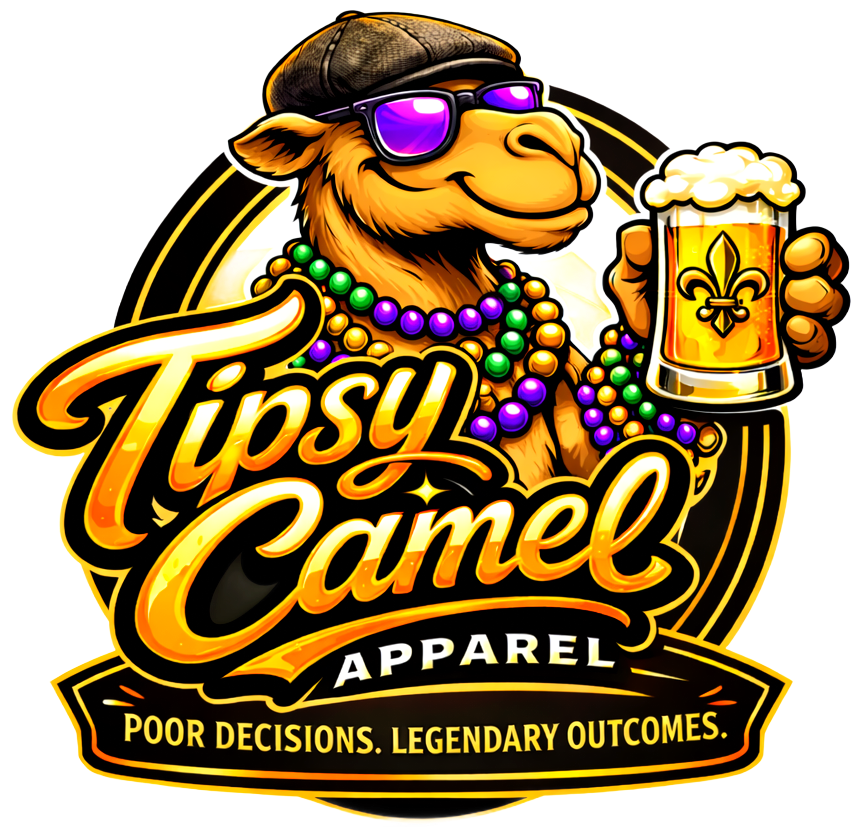 Camel in sunglasses and hat, holding beer, wearing beads;