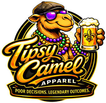 Camel in sunglasses and hat, holding beer, wearing beads;