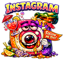 Instagram logo character, cartoonish, drunk with drinks, holding 
