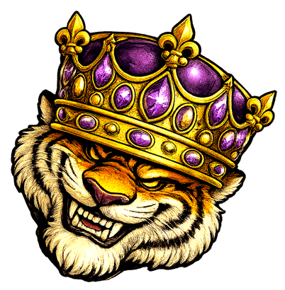 Tiger with golden crown, purple jewels, grinning, looking fierce.