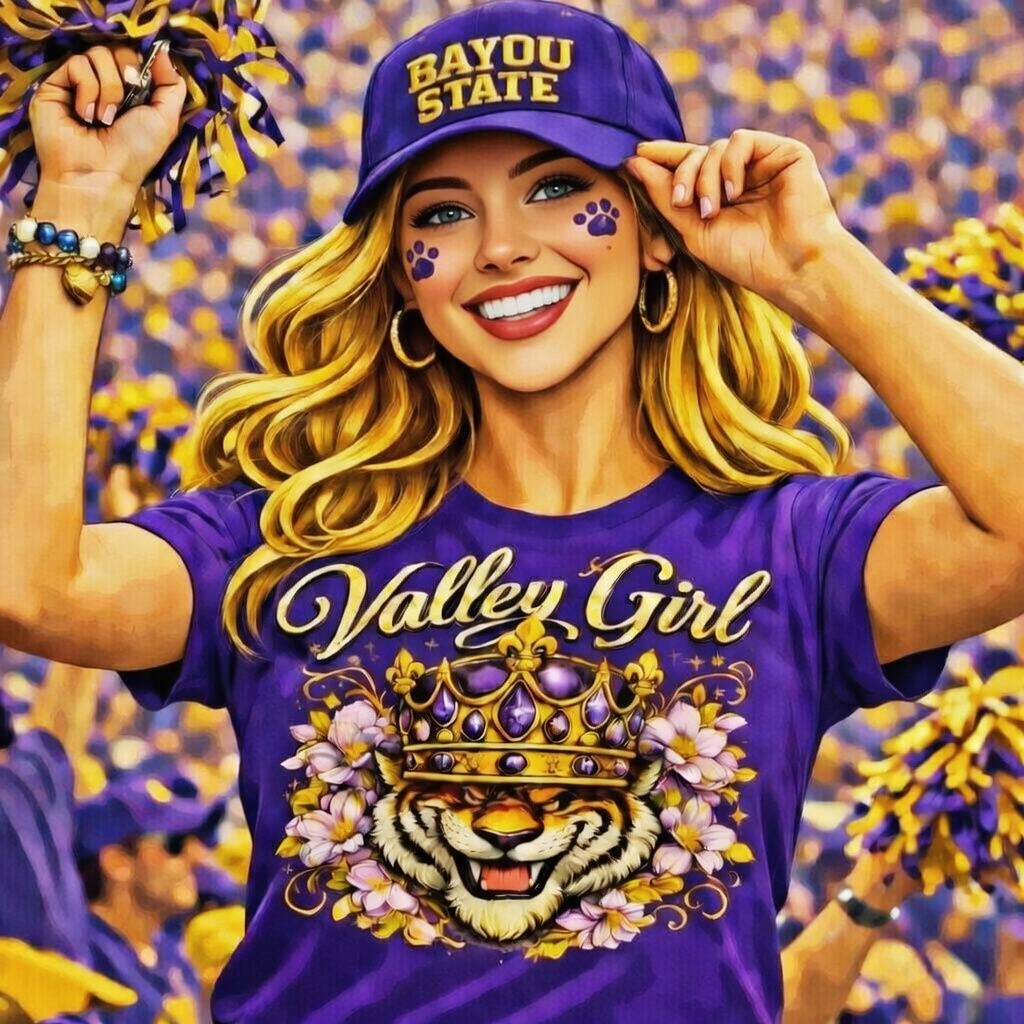 Woman in purple and gold cheering; wearing