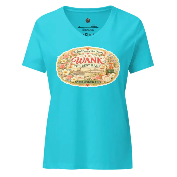 A bright blue V-neck T-shirt featuring a vintage-style oval graphic with floral borders and text reading