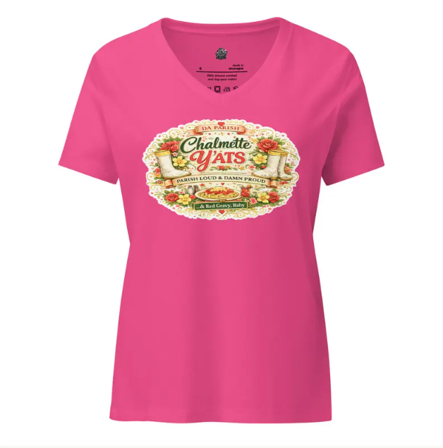A bright pink V-neck T-shirt featuring a vintage-style decorative label with the text