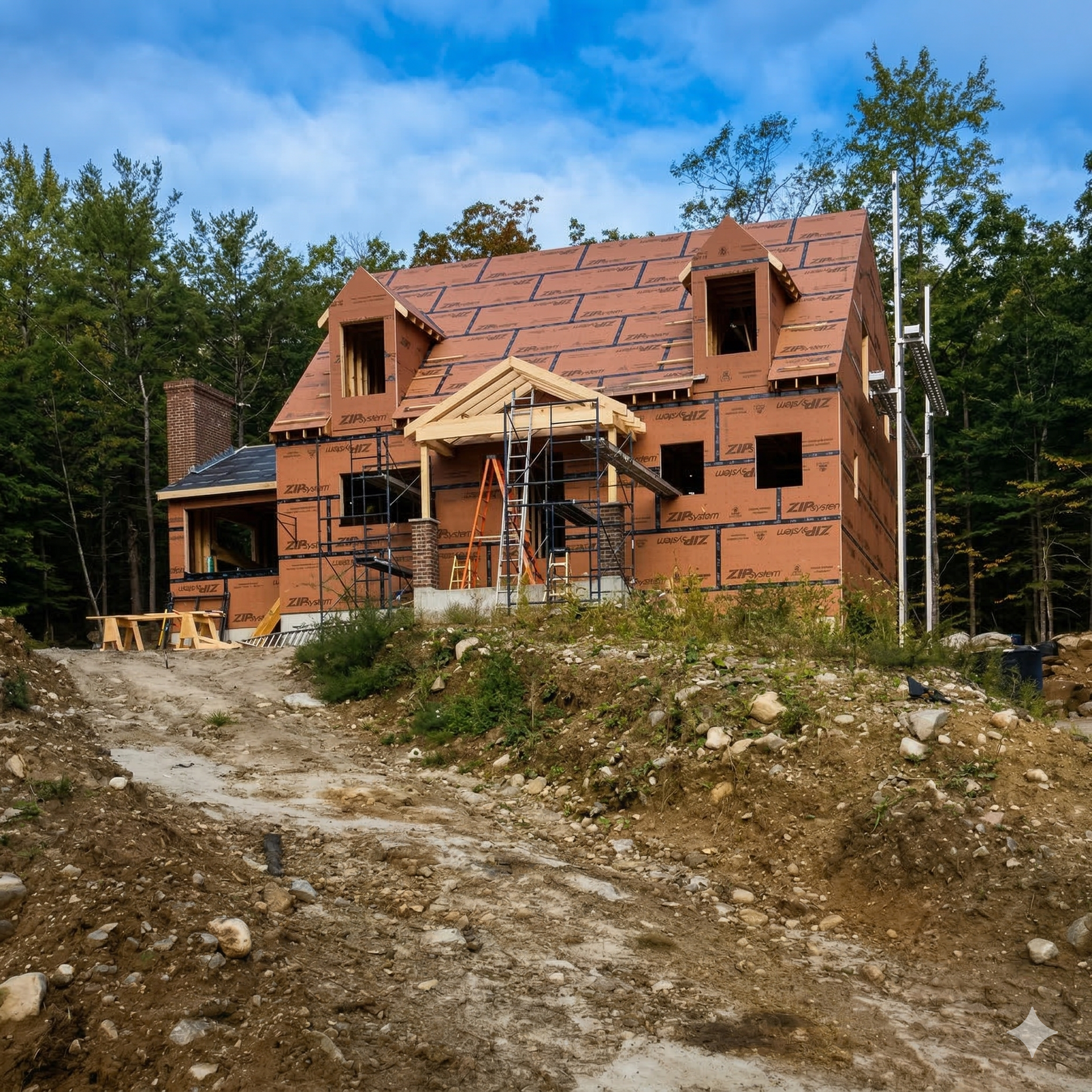 A house under construction with brown exterior panels, dormer windows, and wooden framing, set in a wooded area.