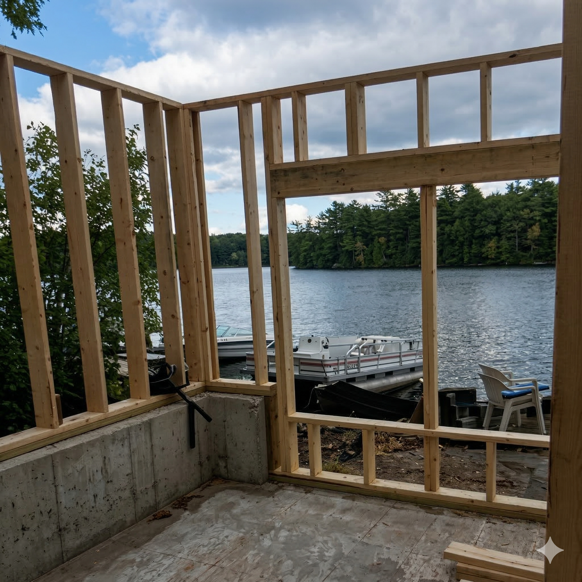 Wood framing for a room with a large wall opening overlooking a lake, a dock with a pontoon boat, and a white chair.