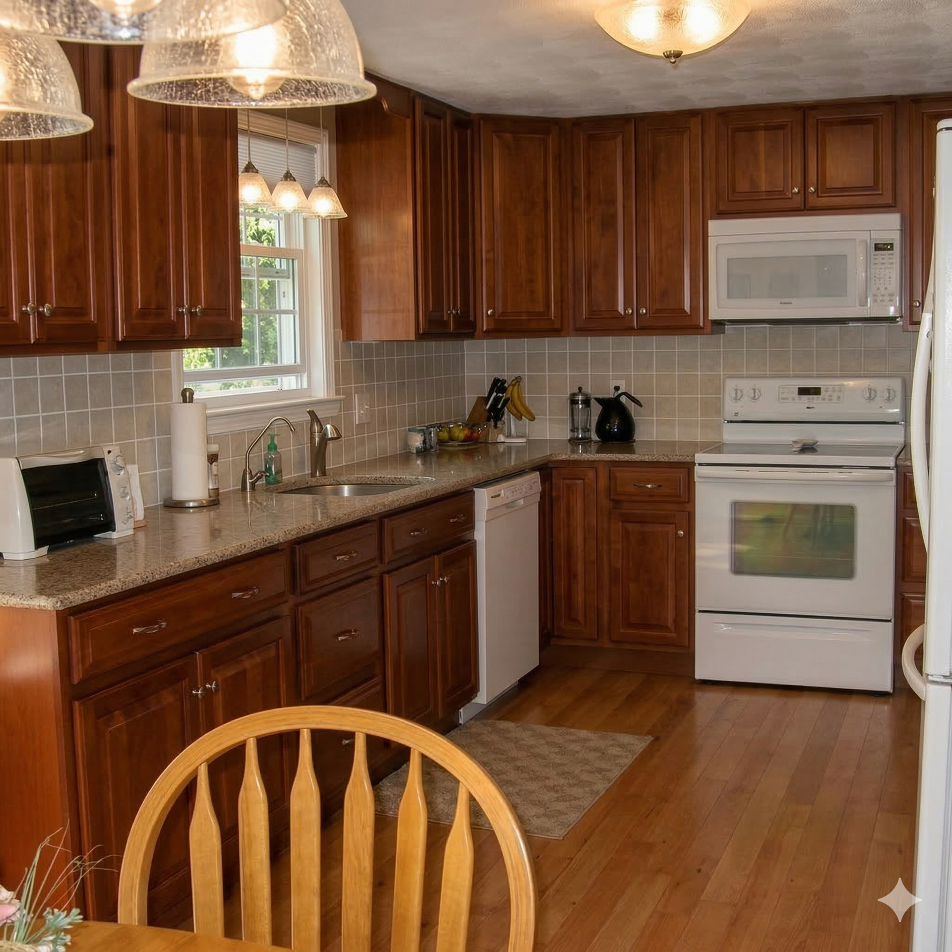 A kitchen with wood cabinets, granite countertops, a white oven, a microwave, and light-colored tile backsplash.