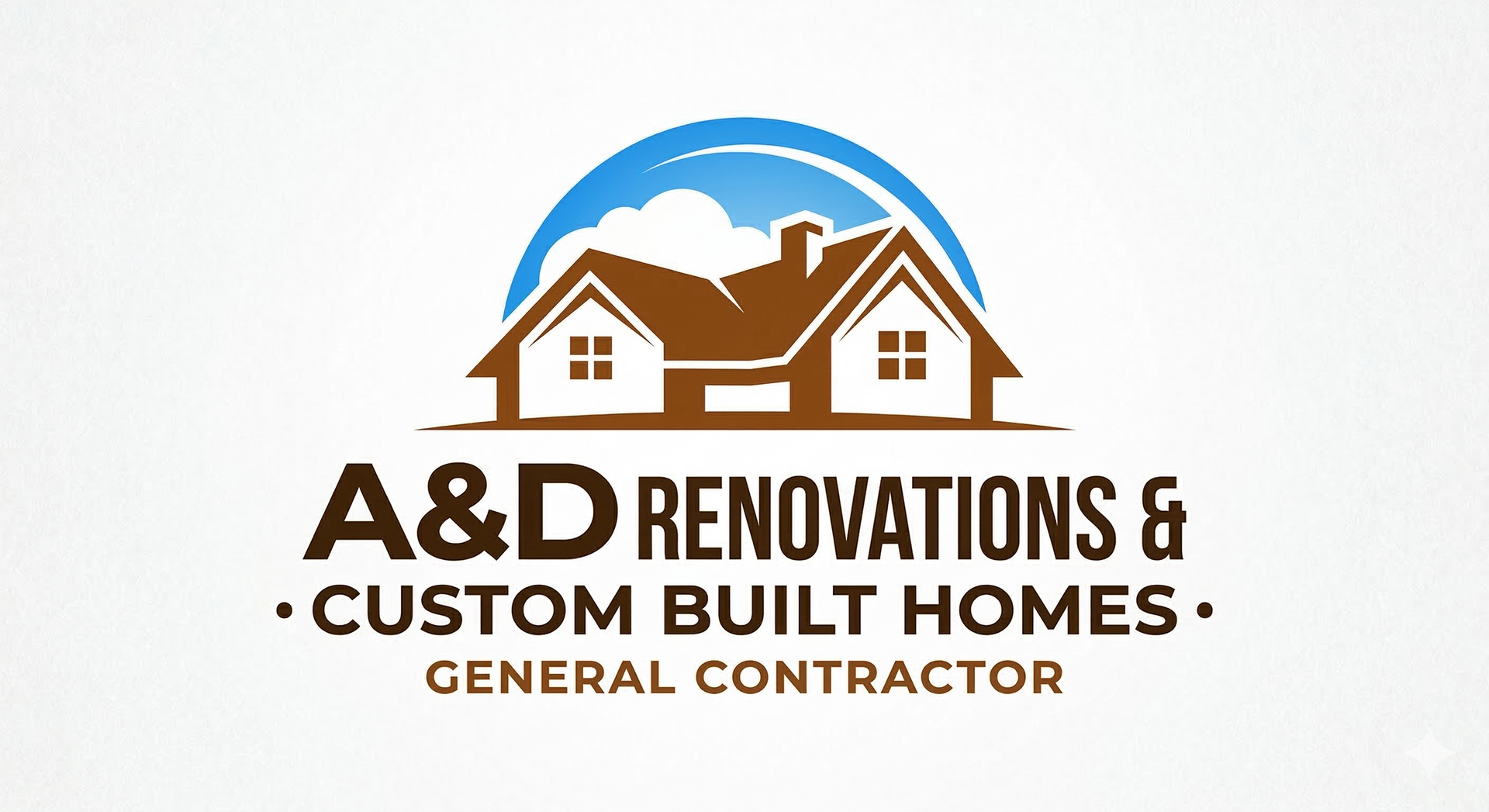 Logo for A&D Renovations & Custom Built Homes with a brown house graphic inside a blue circular sky outline.