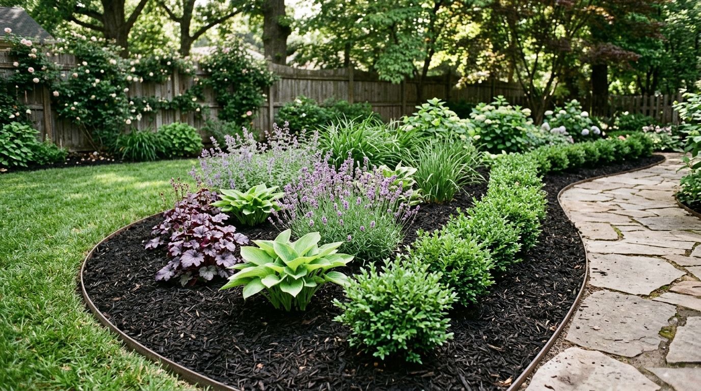 Curved garden bed with green and purple plants beside a stone path in a landscaped yard