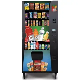 A vending machine filled with drinks and snacks on a white background.
