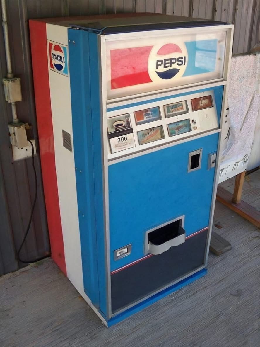Vintage Pepsi vending machine, red, white, and blue.