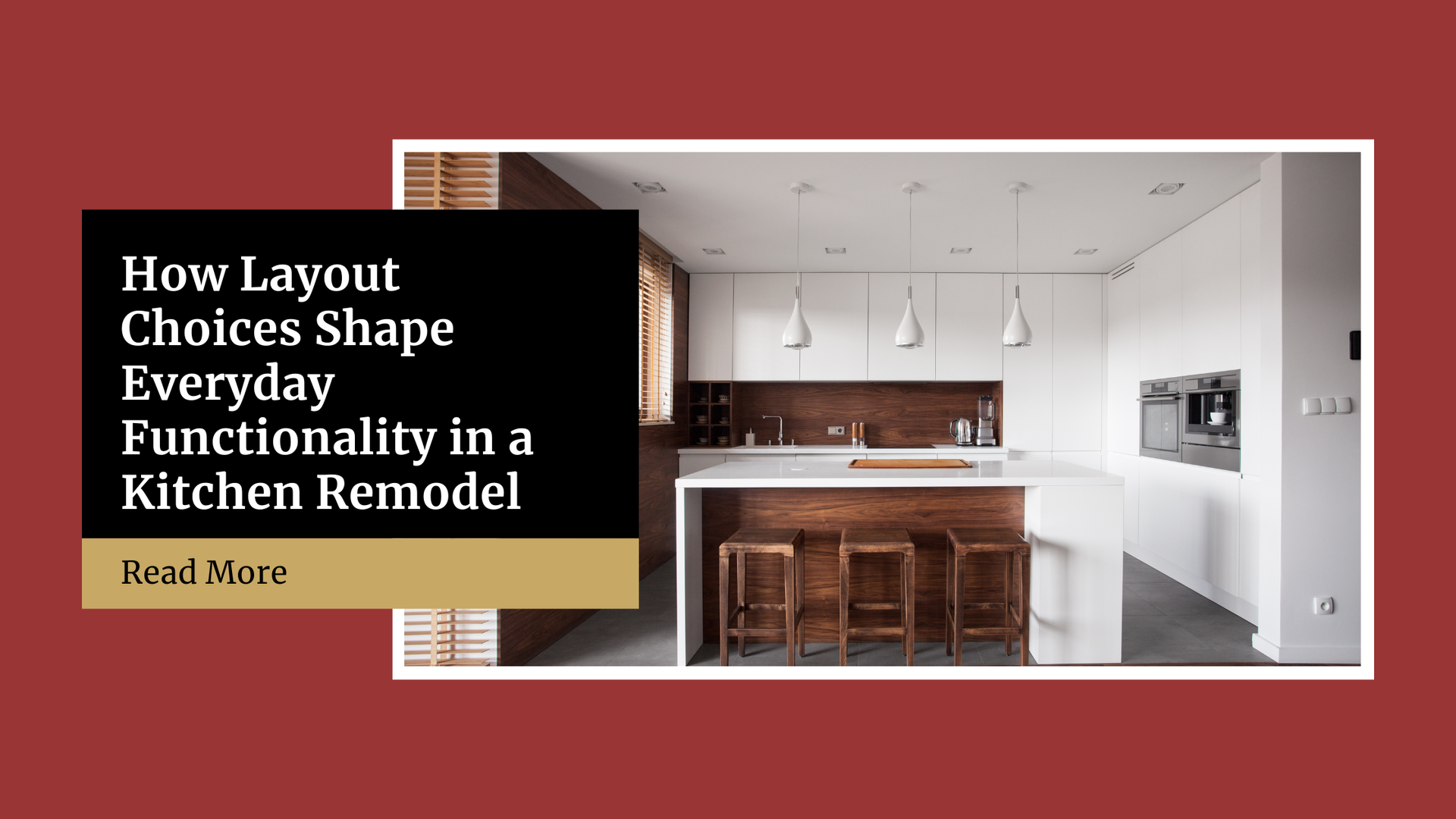 A modern kitchen remodel with white cabinets, wood accents, and an island with stools; text overlay: 