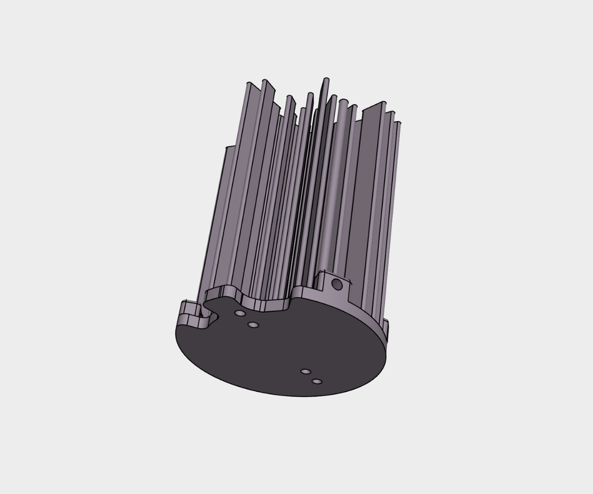 A 3D CAD model of a grey cylindrical heatsink with vertical fins on a circular base.