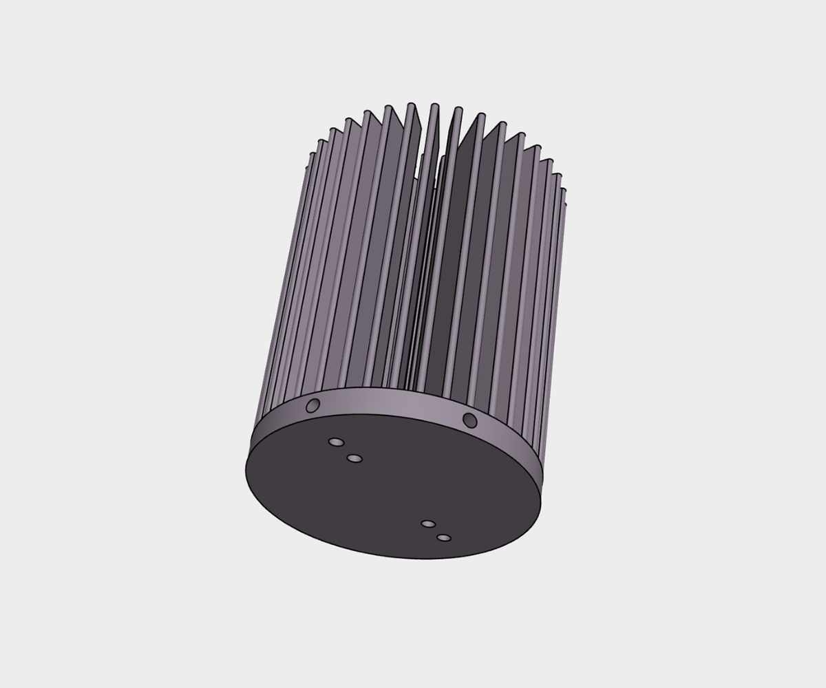 A cylindrical, dark grey aluminum heat sink with vertical cooling fins and a flat, circular mounting base.