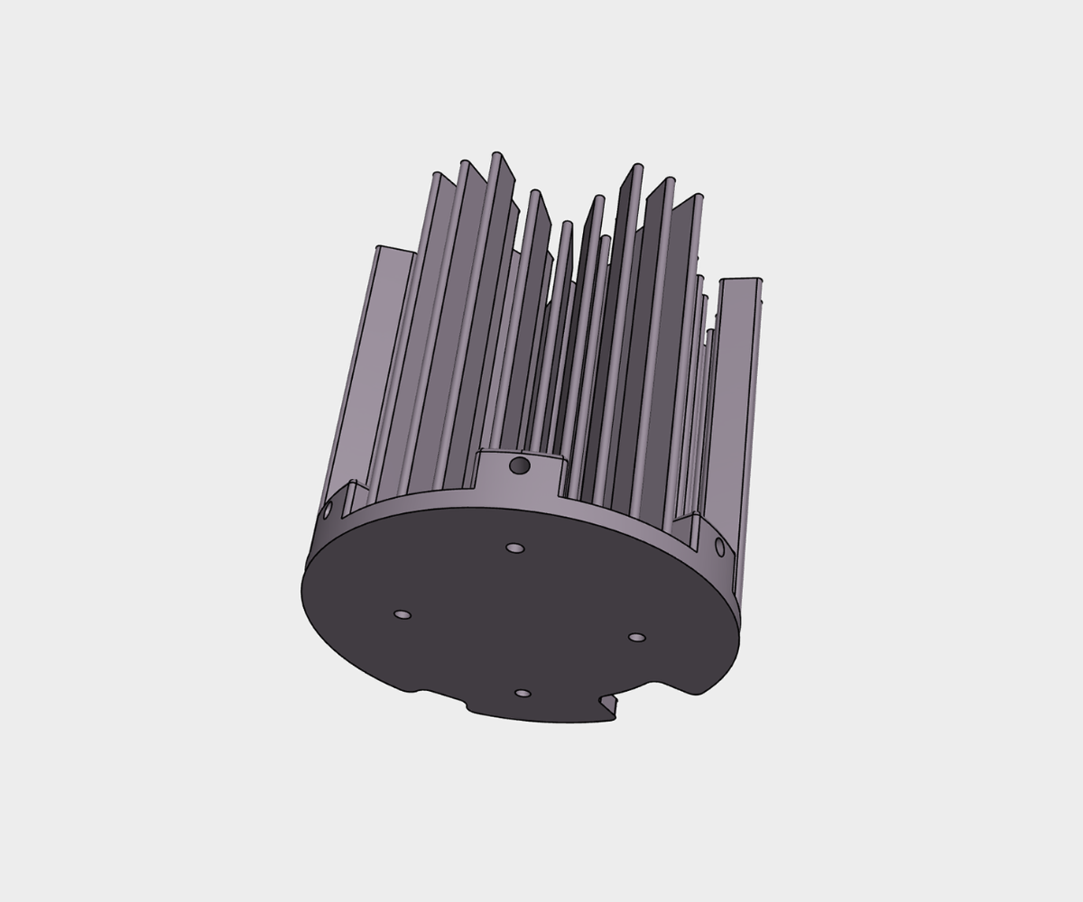 A dark gray, cylindrical metal heat sink with vertical cooling fins and a flat, circular base featuring mounting holes.
