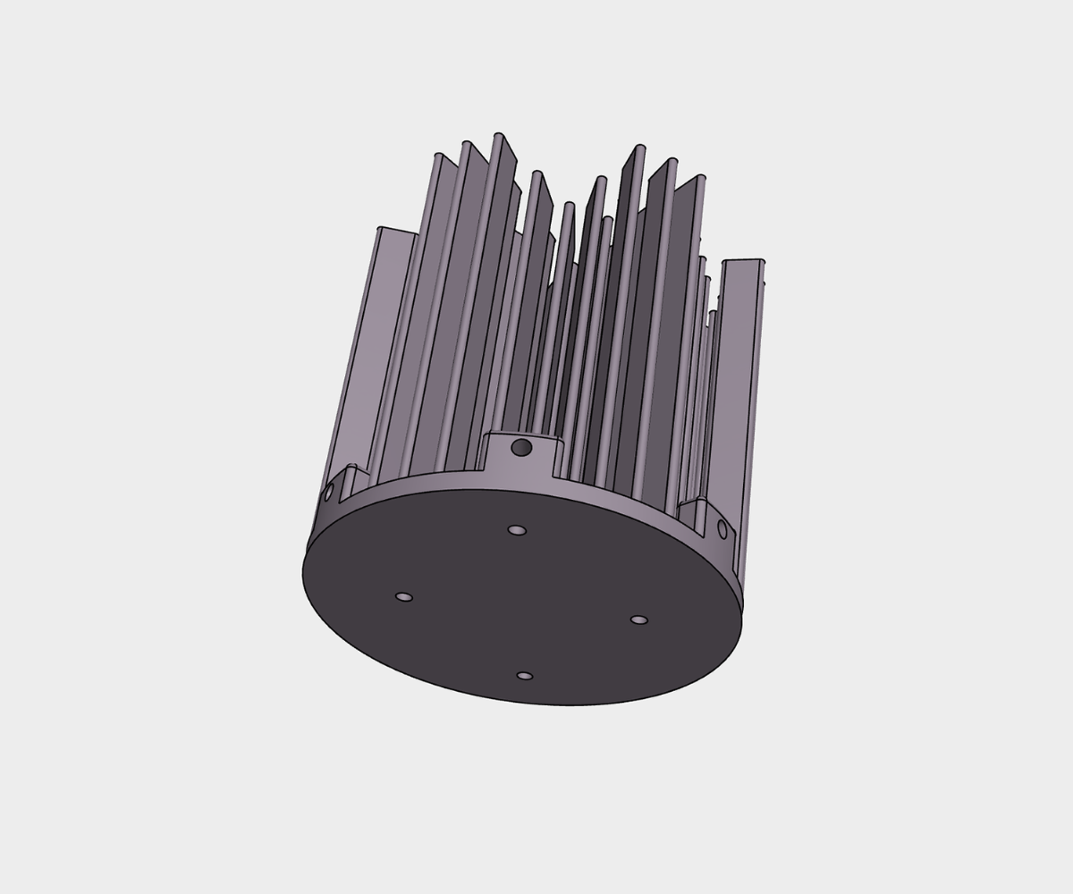 A grey cylindrical heat sink with vertical cooling fins and a flat circular base containing four mounting holes.
