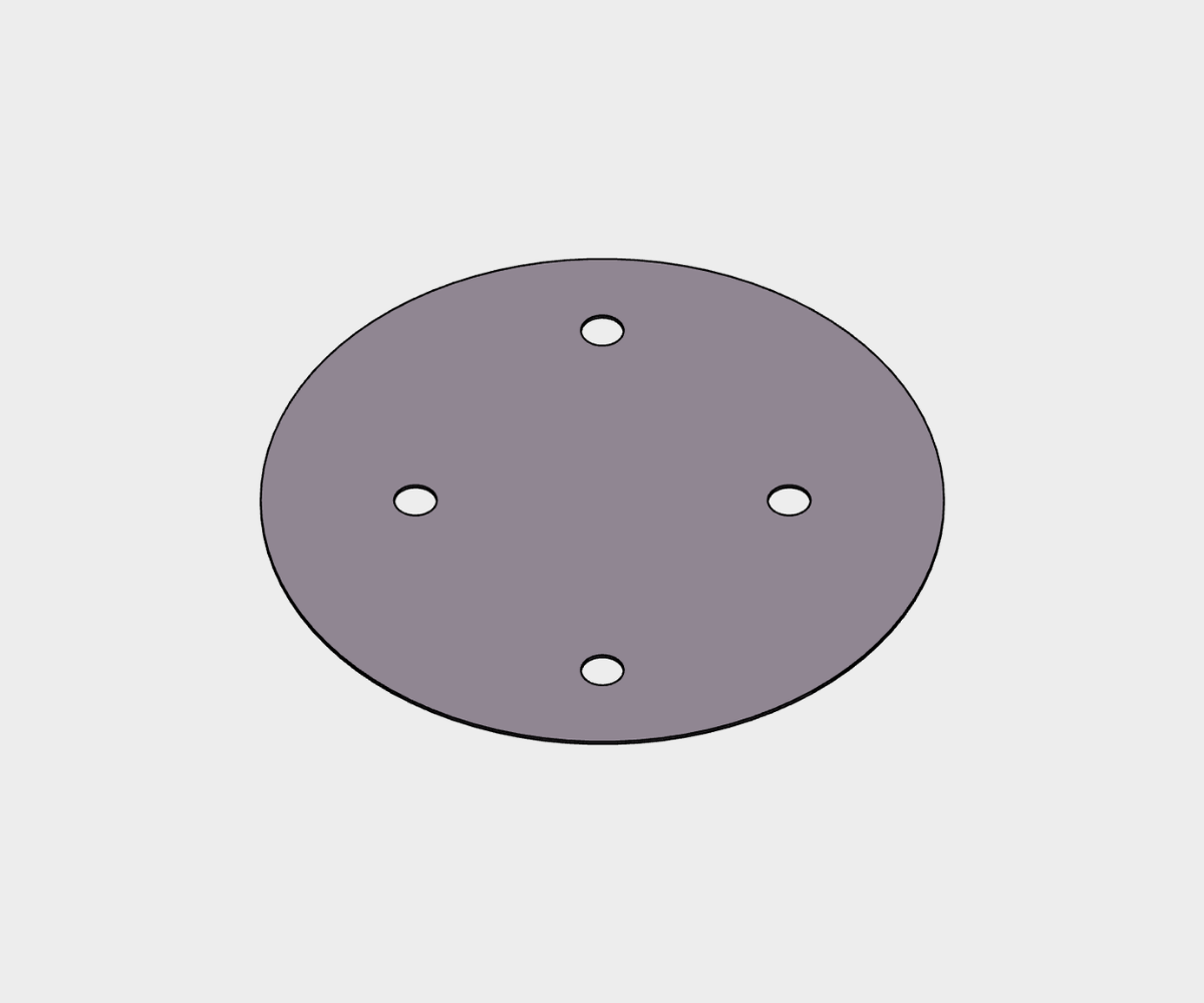 A flat, circular, grey plate with four evenly spaced small circular holes arranged in a square pattern.