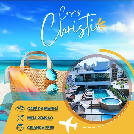 Anúncio promocional de viagem para a Semana Santa com um cenário de praia, piscina de resort e ícones para café da manhã, meia pensão e crianças.