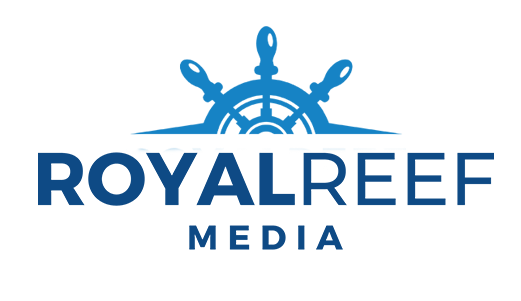 The logo for royal reef media has a steering wheel on it.