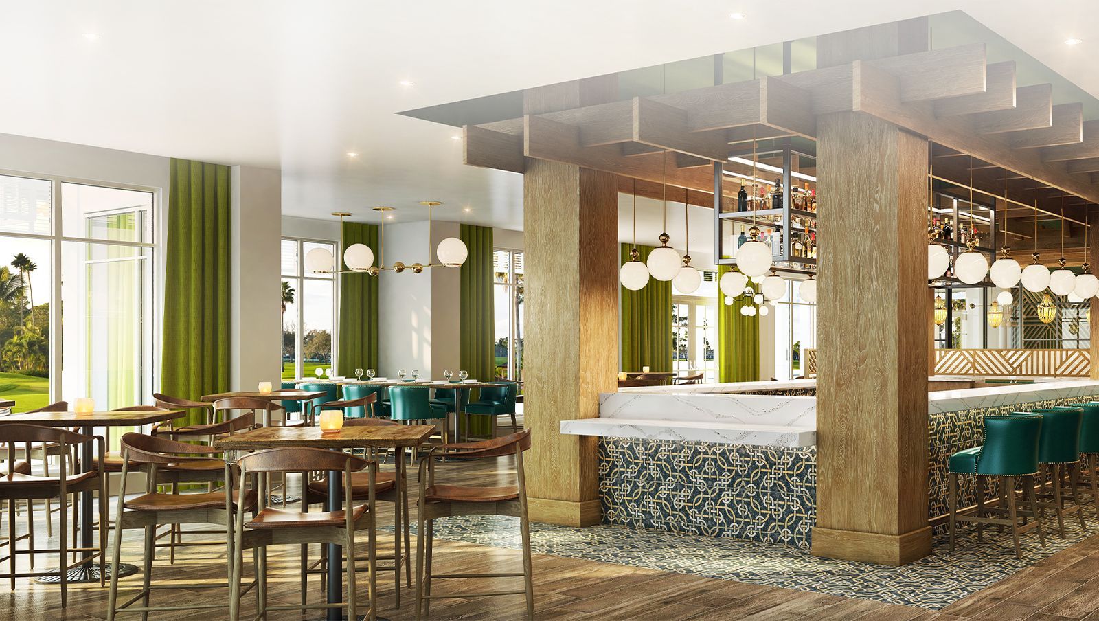 An artist 's impression of a restaurant with tables and chairs and a bar.