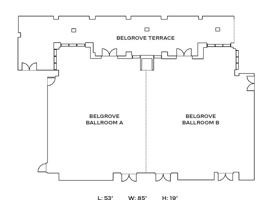 A black and white floor plan of a building with two ballrooms and a terrace.