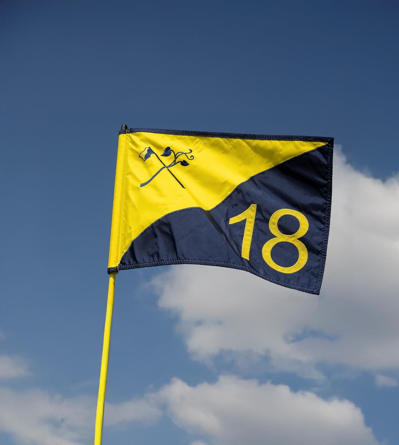 Our Story A yellow and blue flag with the number 18 on it