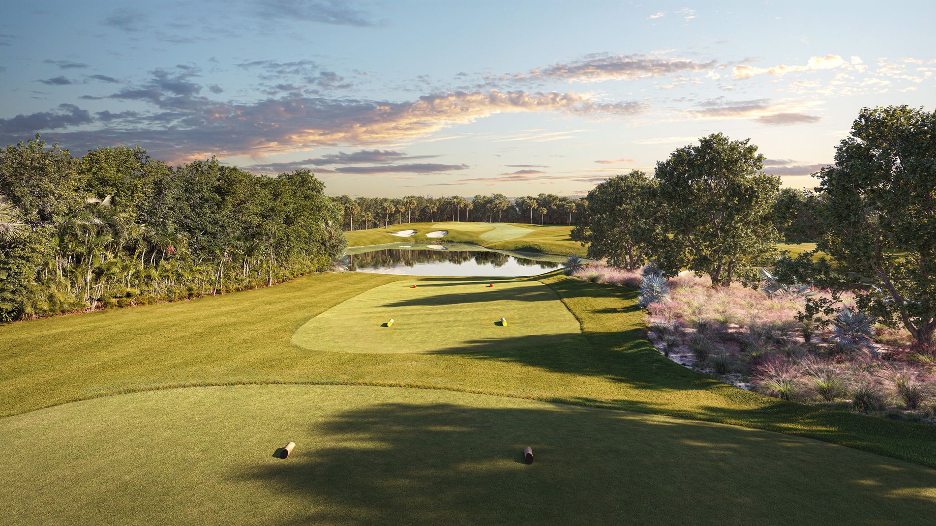 An artist 's impression of a golf course with trees and a lake in the background.
