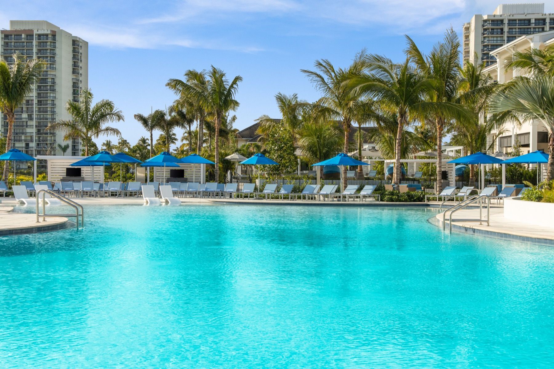 A large swimming pool surrounded by palm trees and chairs.