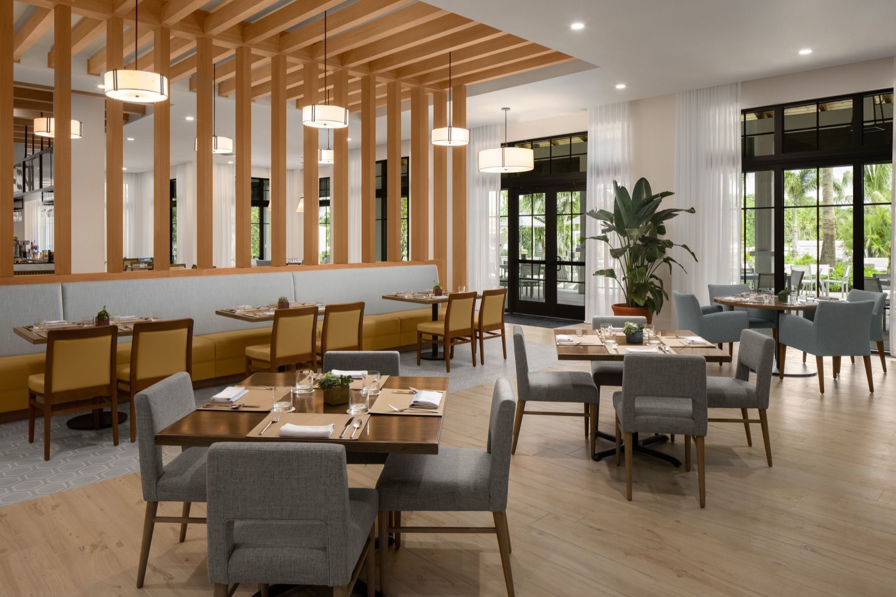 An aerial view of a large swimming pool surrounded by palm trees.