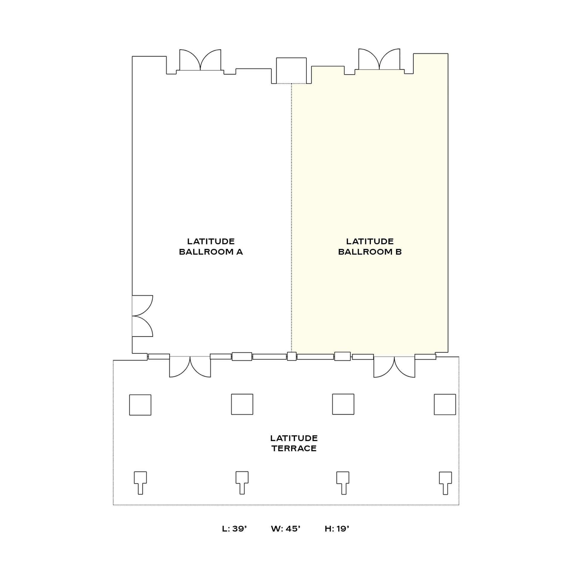 A black and white floor plan of a large room.