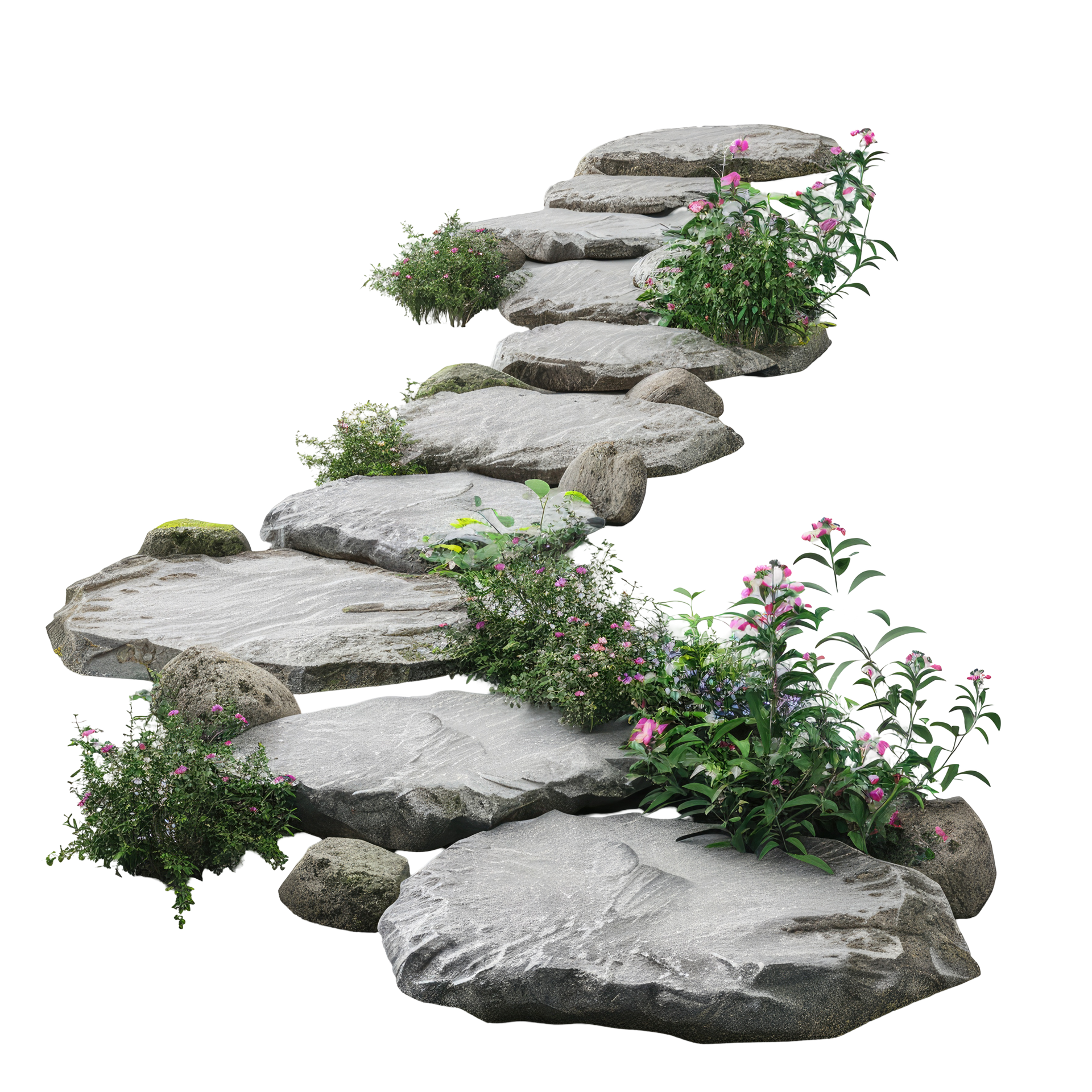 Stone steps winding uphill, with greenery and pink flowers along the sides.