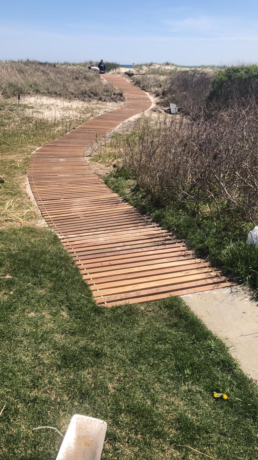 Wooden boardwalk winds through grassy dunes towards the beach on a sunny day.