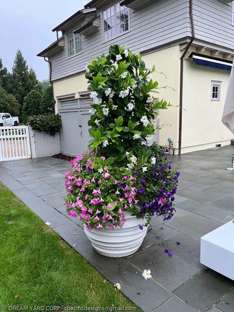 Large white planter overflowing with pink, purple, and white flowers on a patio, in front of a house.