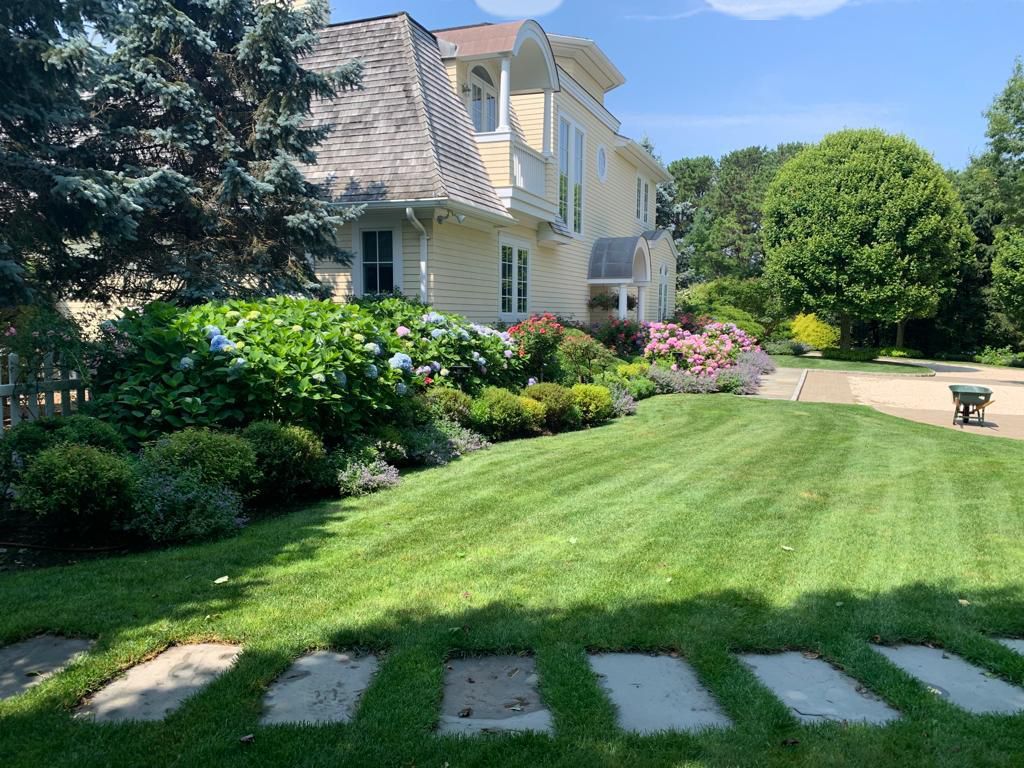Yellow house with lush landscaping, including green lawn and blue hydrangeas.