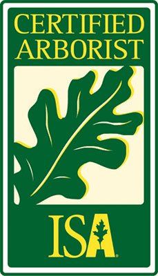 Certified Arborist ISA logo with a green oak leaf and text on a green and yellow background.