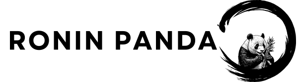 A black and white logo for ronin panda with a panda in a circle.