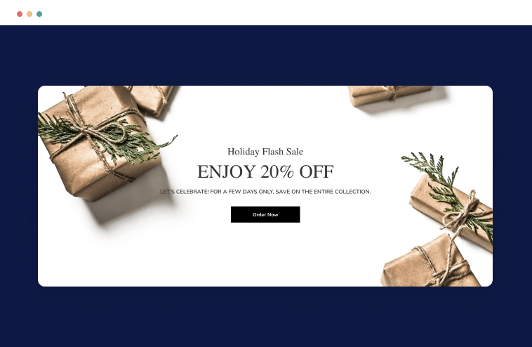 A website advertisement for a holiday flash sale with gifts wrapped in brown paper.