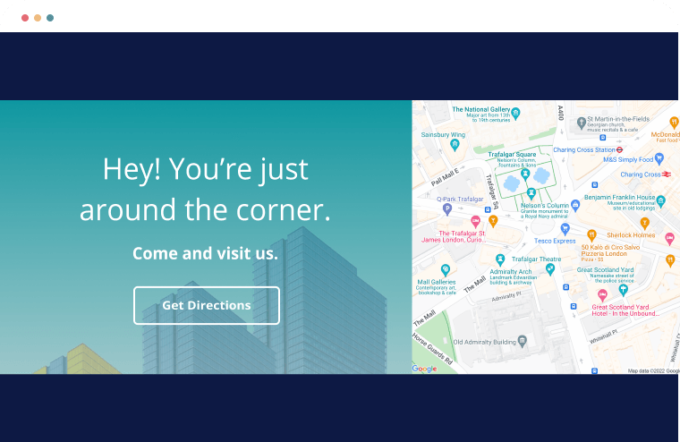 A screenshot of a website that says `` hey ! you 're just around the corner . come and visit us . ''