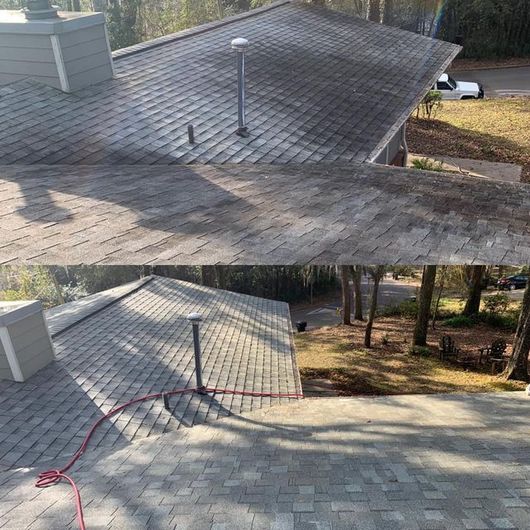 Before-and-after view of a shingled residential roof showing successful cleaning of dark algae stains and debris.