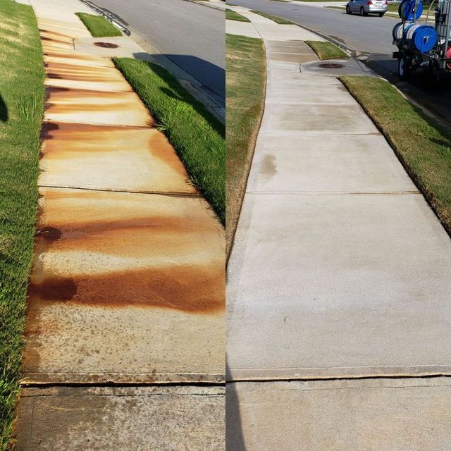 A split-screen view shows a sidewalk before and after the removal of deep orange rust stains, revealing clean gray concrete.
