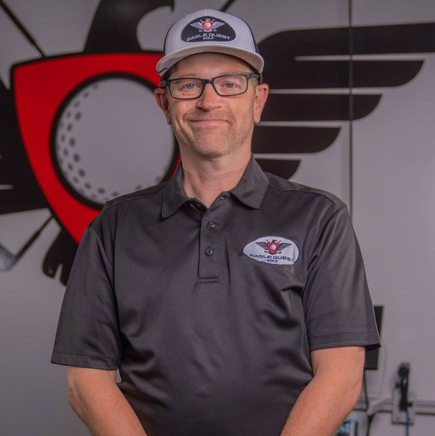 A man wearing a hat and glasses is standing in front of a golf logo.