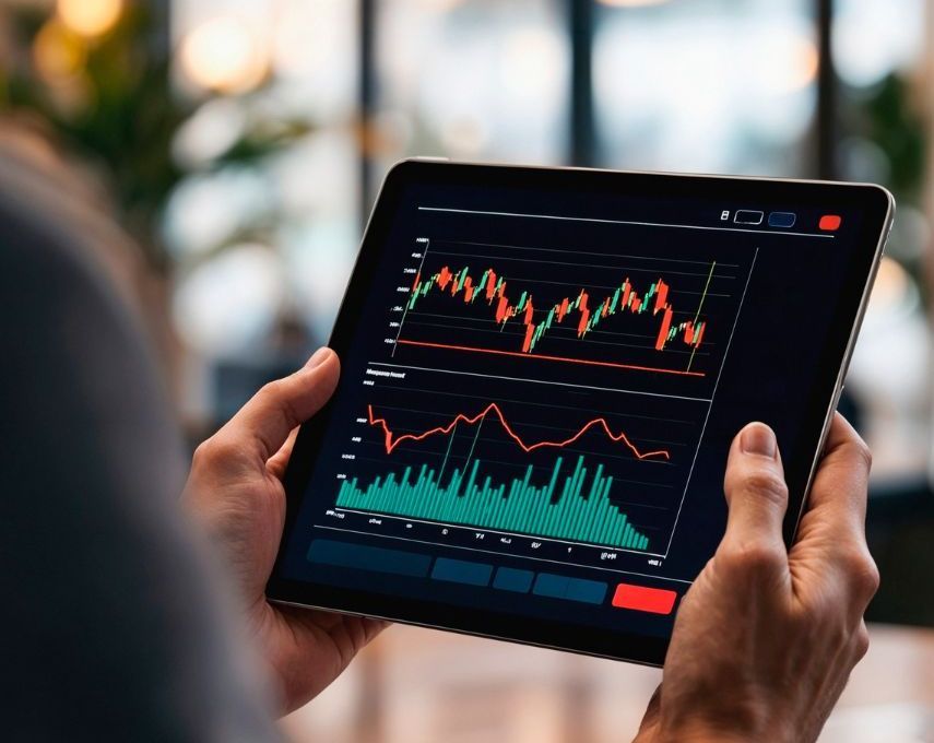A person is holding a tablet with a graph on it.