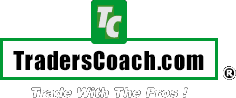 A green and white logo for traderscoach.com