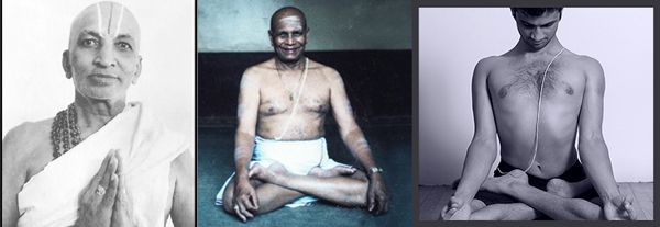 De izquierda a derecha: Tirumalai Krishnamacharya, Sri K. Pattabhi Jois, Sharath Jois