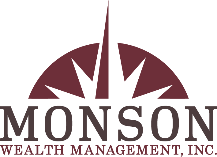 Logo for Monson Wealth Management, Inc. featuring a maroon compass-style design above the company name in dark grey text.
