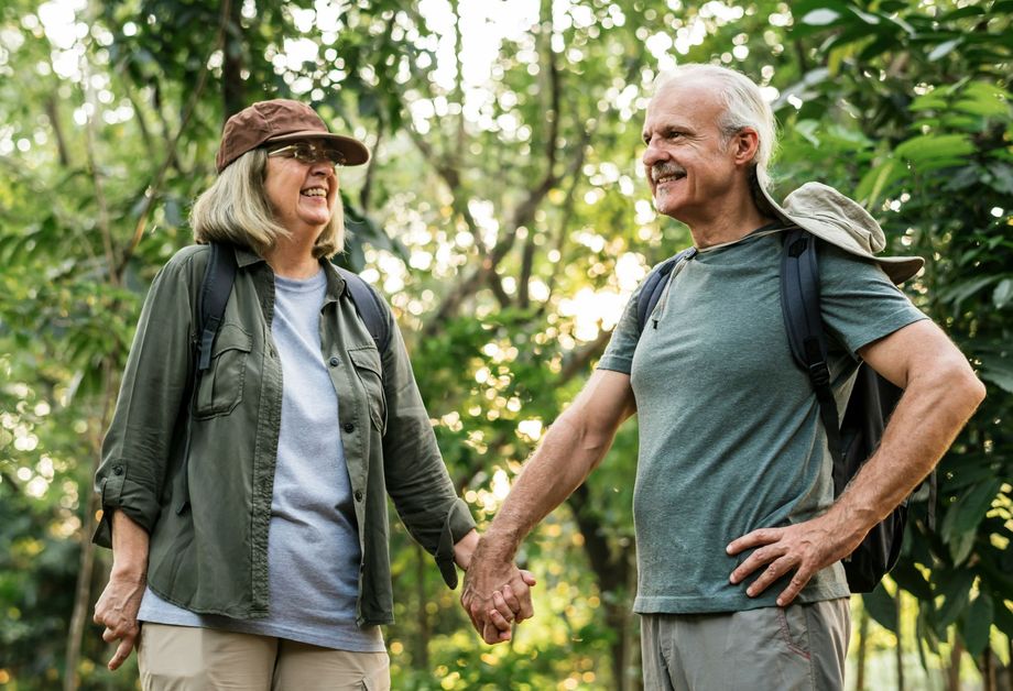 Two hikers holding hands and smiling at each other while standing in a forest.