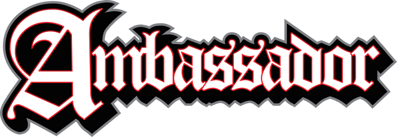 The word "Ambassador" in a gothic font, white with a red outline, and a black shadow.
